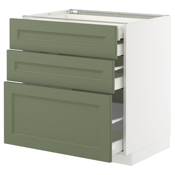 Modern kitchen cabinet: METOD in sage green with three drawers, white sides, sleek design.