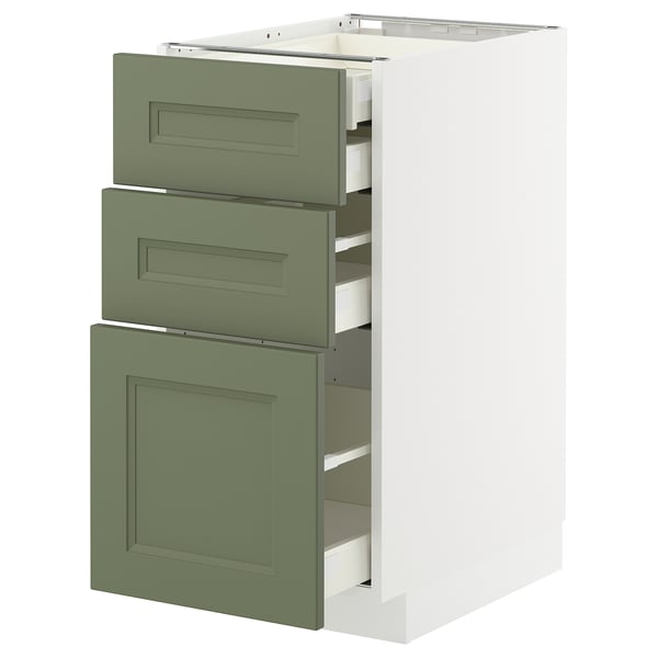 Green kitchen cabinet with 3 open drawers, white frame, modern design, soft-closing drawers.