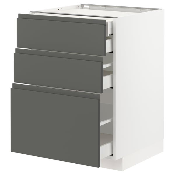 Contemporary grey storage cabinet with three drawers, sleek handles, durable materials, and a modern design.