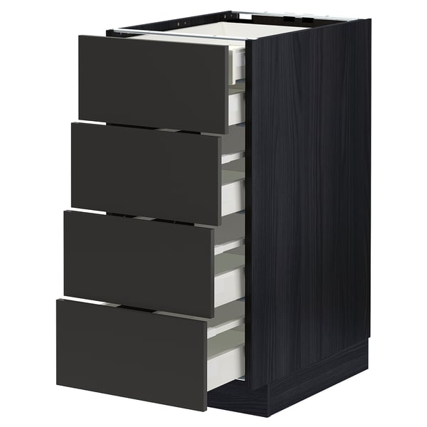 Modern black METOD kitchen unit with four drawers, sleek matt finish, square shape, and sturdy build.