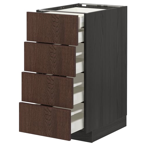 Dark brown METOD kitchen unit with four open drawers, oak veneer, modern design.