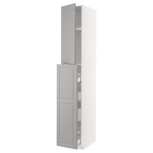 Ikea METOD kitchen cabinet in soft grey with bevelled edges.