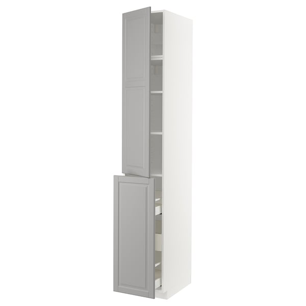 METOD tall white cabinet with grey doors and adjustable shelves.
