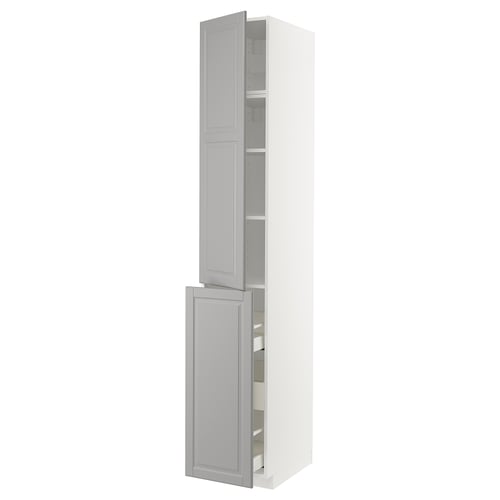 METOD tall white cabinet with grey doors and adjustable shelves.