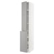 METOD tall white cabinet with grey doors and adjustable shelves.