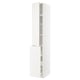 White tall kitchen cabinet with multiple storage compartments and doors. Modern minimalist design.
