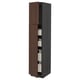 A dark brown METOD kitchen cabinet with wooden trim and drawers, standing upright.