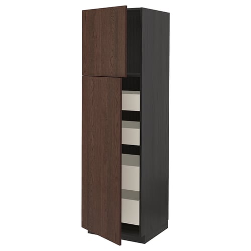 METOD kitchen unit in dark brown wood, tall with open drawers.