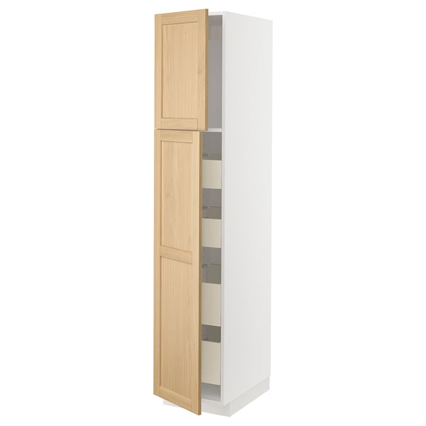 METOD tall white kitchen cabinet with oak doors.