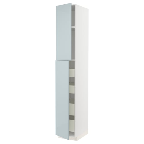 METOD kitchen cabinet with light blue gloss doors and metallic handles.