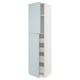 White METOD kitchen cabinet with light blue, glossy doors and shelves.