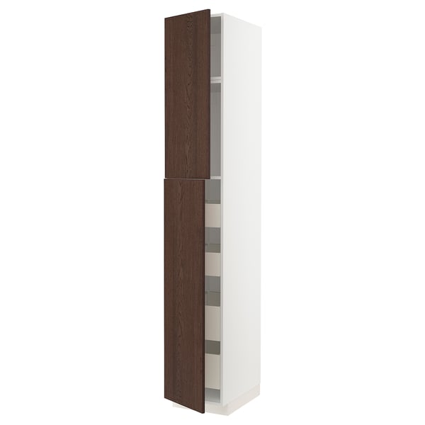 Tall white cabinet with dark brown wooden doors, sleek design.