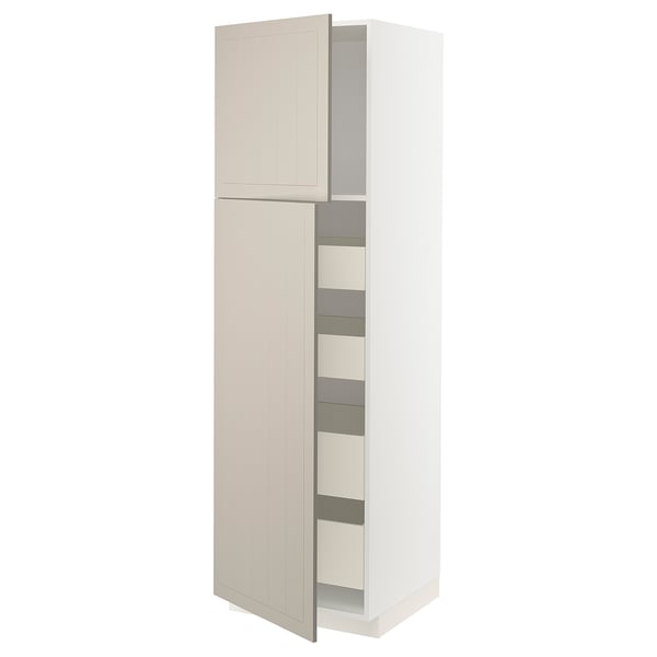 Beige METOD kitchen cabinet with 2 doors, 5 shelves, fiberboard, modern design.