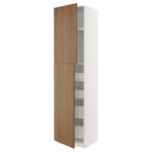 White and wood cabinet, tall, modern, with shelves, closed.