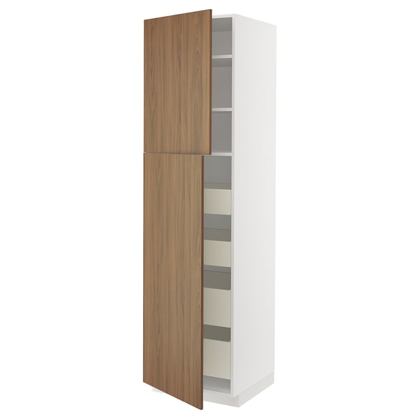 Modern kitchen cabinet, white with wooden door open, shelves inside, tall, narrow.