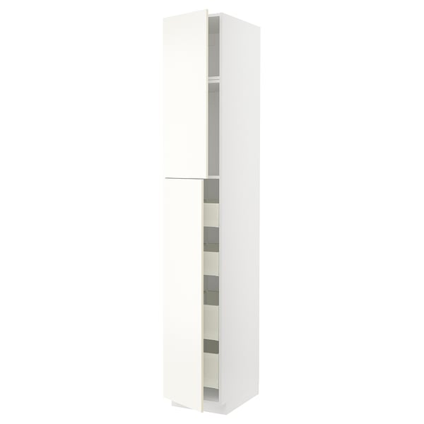 White METOD kitchen cabinet, tall and sleek with glass doors and shelves.