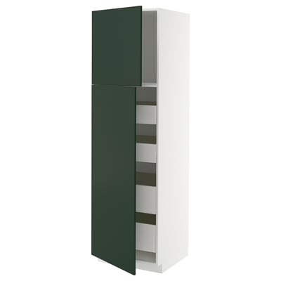 Green and white cabinet with pull-out shelves.