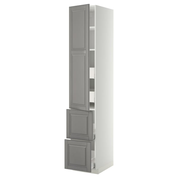 METOD kitchen unit in soft grey with bevelled edges, tall and narrow, featuring adjustable shelves and a pull-out drawer with slow-close mechanism.