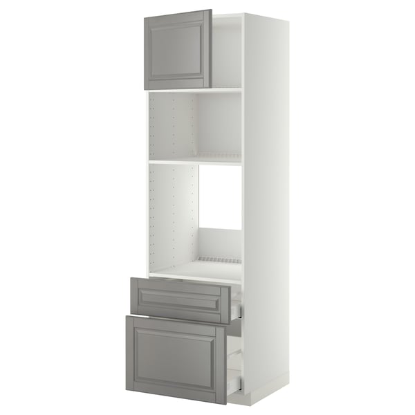 White METOD kitchen unit with grey bodbyn drawers and shelves.
