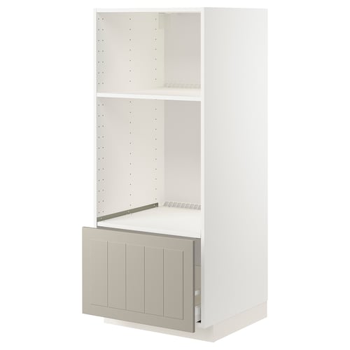 White METOD kitchen unit with beige drawer, two shelves, adjustable shelf.