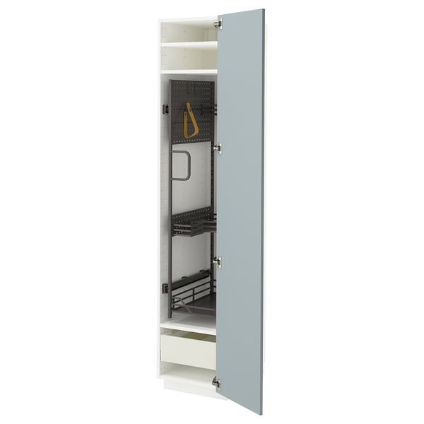 METOD grey-blue kitchen cabinet, slim, modern, high-gloss finish, tall with shelves and drawers.
