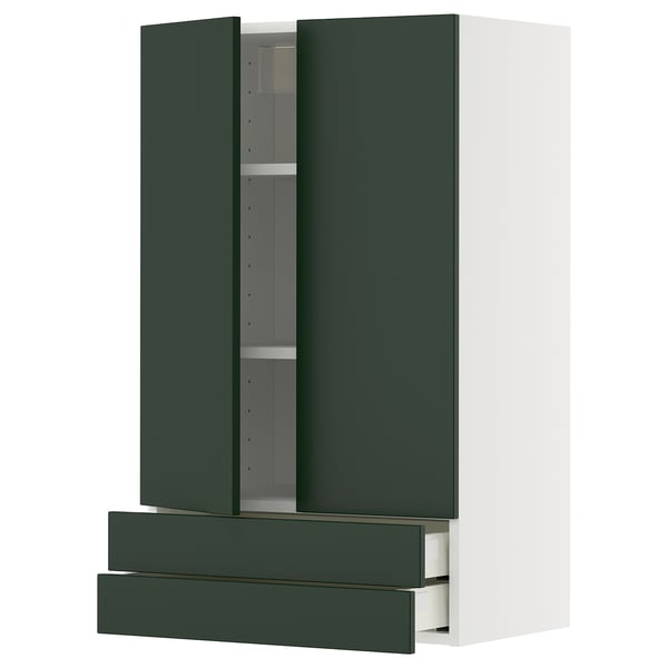 Modern green kitchen cabinet with 2 drawers and shelves.