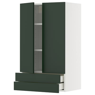 Modern green kitchen cabinet with 2 drawers and shelves.