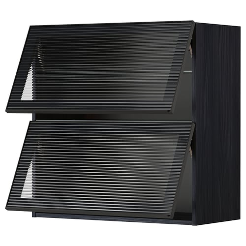 Black modern kitchen cabinet with sleek glass door, metal frame, and integrated handle. Square shape with vertical lines and tempered glass.