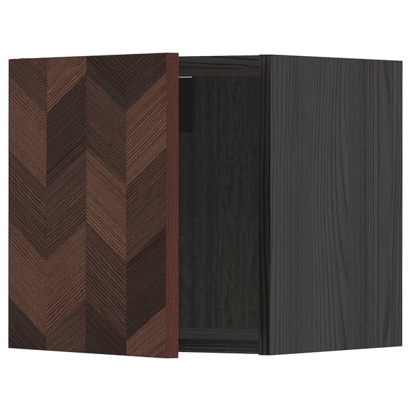 Dark wood-patterned cabinet door with herringbone design.