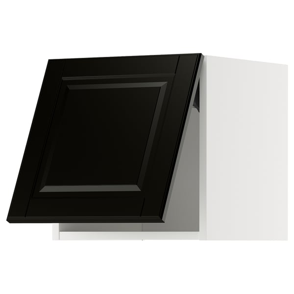 Black kitchen cabinet with bevelled edges and sleek design.