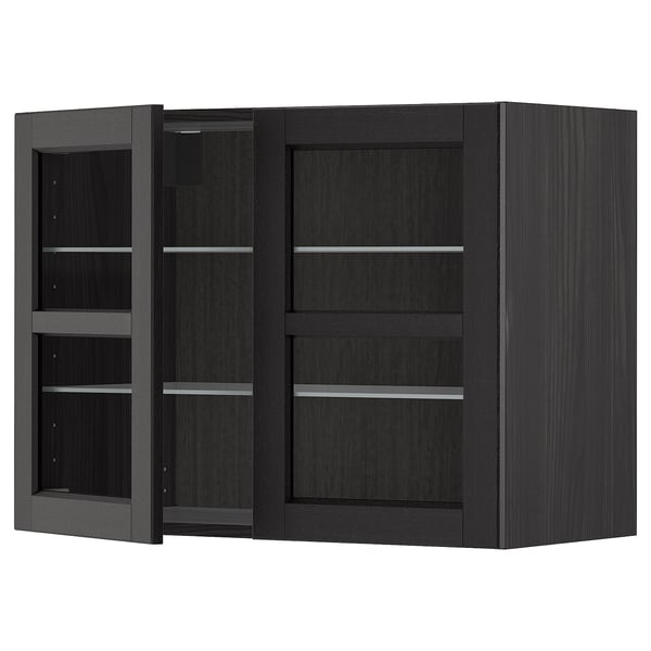 METOD black kitchen cabinet with glass doors, dark ash wood, rectangular, modern design, adjustable shelves.