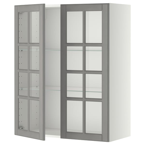 Modern grey glass door kitchen cabinet with adjustable shelves.