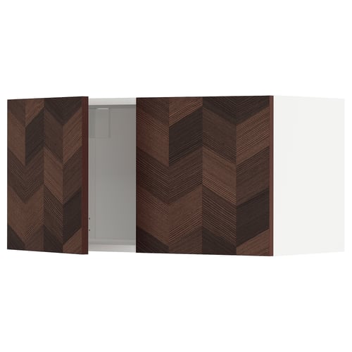 Modern brown wooden cabinet with chevron pattern, sleek handles.
