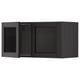 Black kitchen cabinet with glass door, wooden frame.