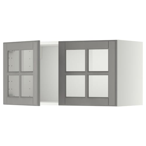 Two grey METOD kitchen wall cabinets, one with clear glass doors, square and bevelled edges.
