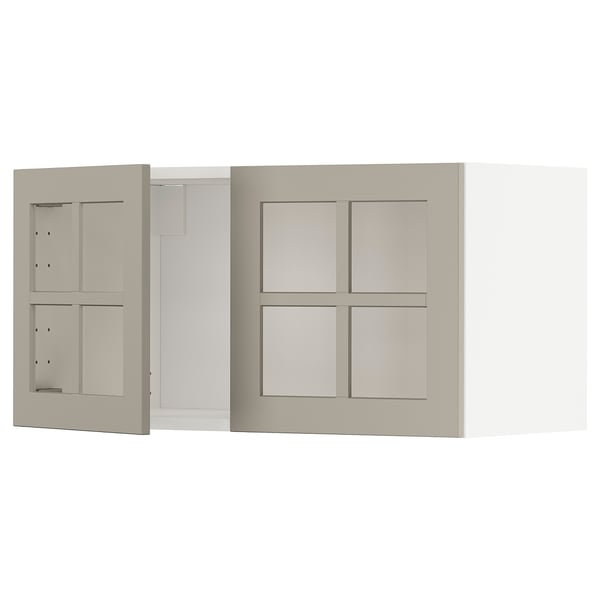 METOD kitchen wall cabinets with beige glass doors, modern minimalist design.