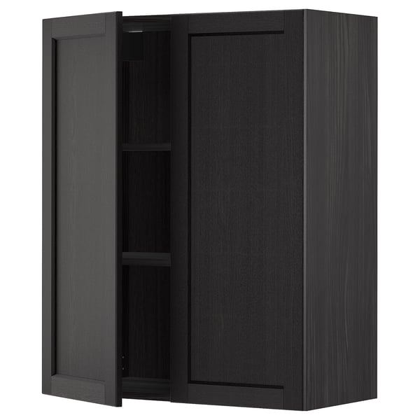 Black wall cabinet, METOD kitchen system, dark stained wood, rectangular, 2-door with bevelled edges.