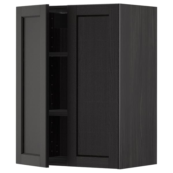 Black stained kitchen cabinet with bevelled edges and adjustable shelf.