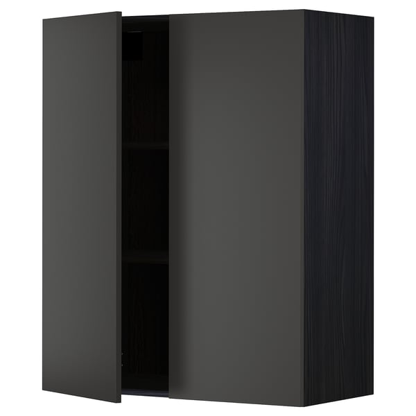 Black kitchen cabinet with one open door, featuring a sleek modern design with adjustable shelves.