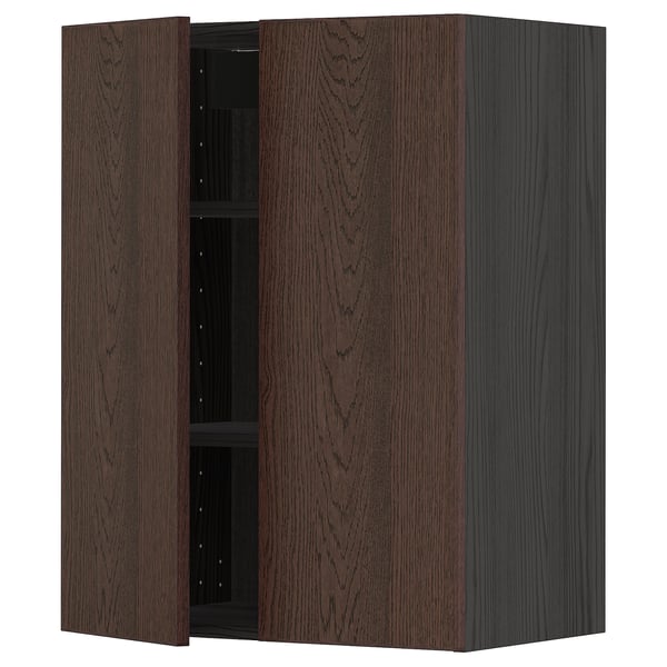 A dark brown METOD kitchen wall cabinet with two doors and black interior shelves.