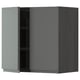 Modern grey kitchen cabinet, sleek design, metallic finish, wide and tall shape with one open door revealing black shelves.