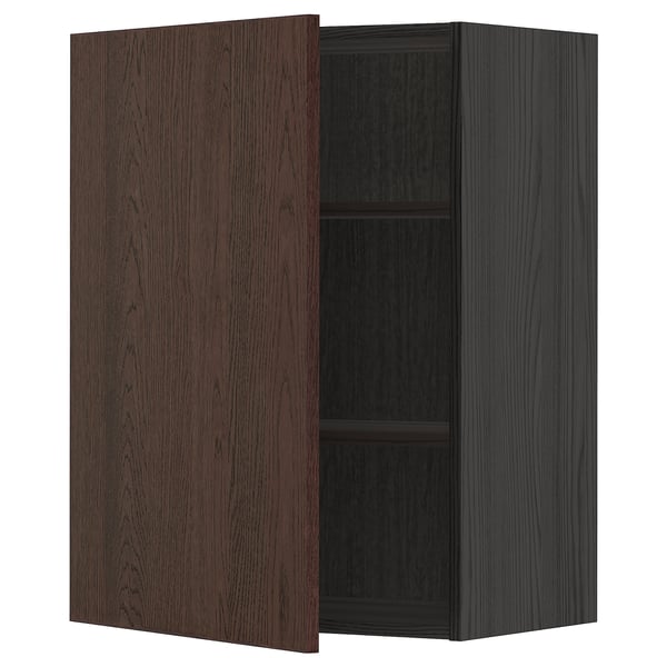 Dark brown wooden cabinet with one open door, showcasing a single adjustable shelf inside.