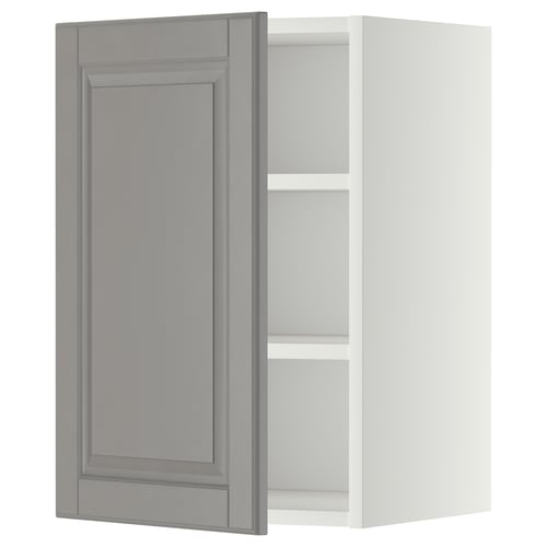 Open grey cabinet from ikea METOD series, grey color, rectangular shape, white inside.