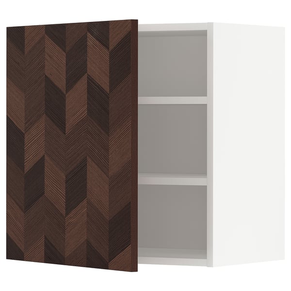 Modern open cabinet with herringbone-patterned brown door, revealing two shelves.