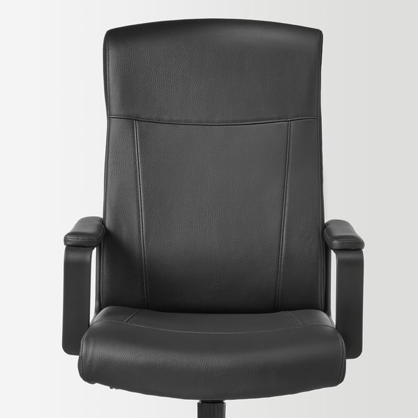 High-quality black office chair; padded, adjustable, with supportive arms and back.