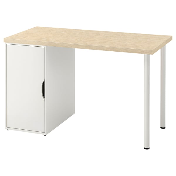 The MITTCIRKEL desk light wood top, white cabinet, metal legs, rectangular shape, simple design.