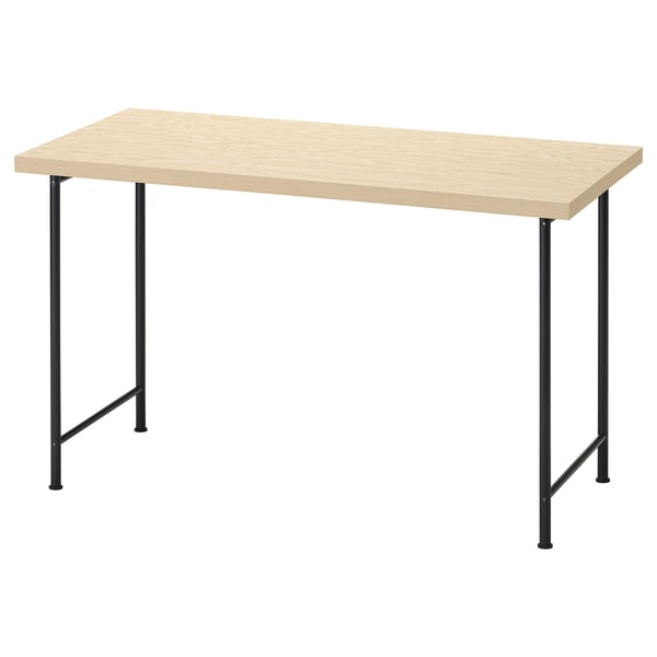 A wooden desk, named MITTCIRKEL, with a light wooden top and dark metal legs, offering a simple and functional design.