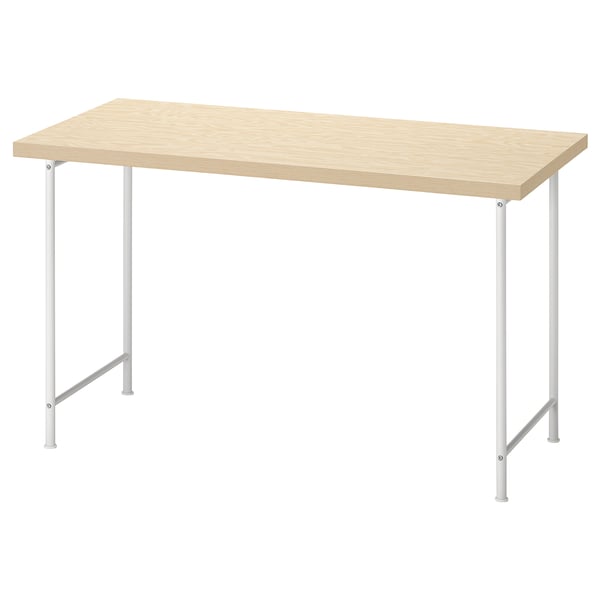 Mitcirkel desk: light wood top, white metal legs, simple rectangular shape.