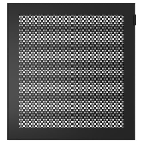 MÖRTVIKEN metal cabinet, dark grey, square, with perforated door for ventilation and remote signal access.