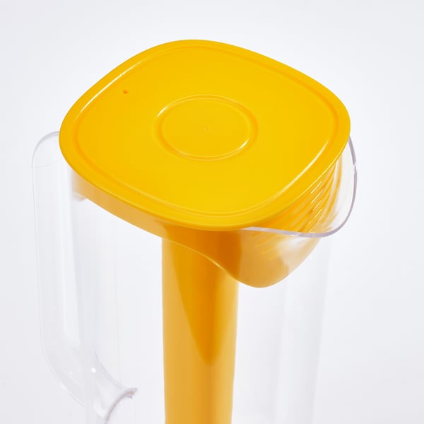 Bright yellow lid tops clear plastic jug with tube for pouring; ideal for cold beverages.